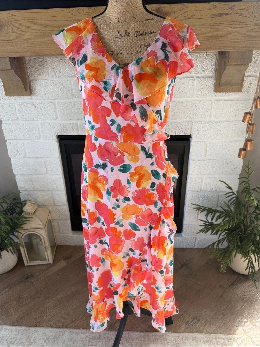 London Times Floral Ruffle Midi Dress - Pink, Orange & Green - Picture 1 of 5